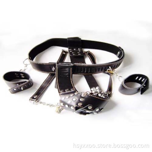 BDSM Leather Bondage Restraint Harness With Vibrator Anal Plug Panties Butt Plug and thigh cuff ,Male Chastity Device Underwear